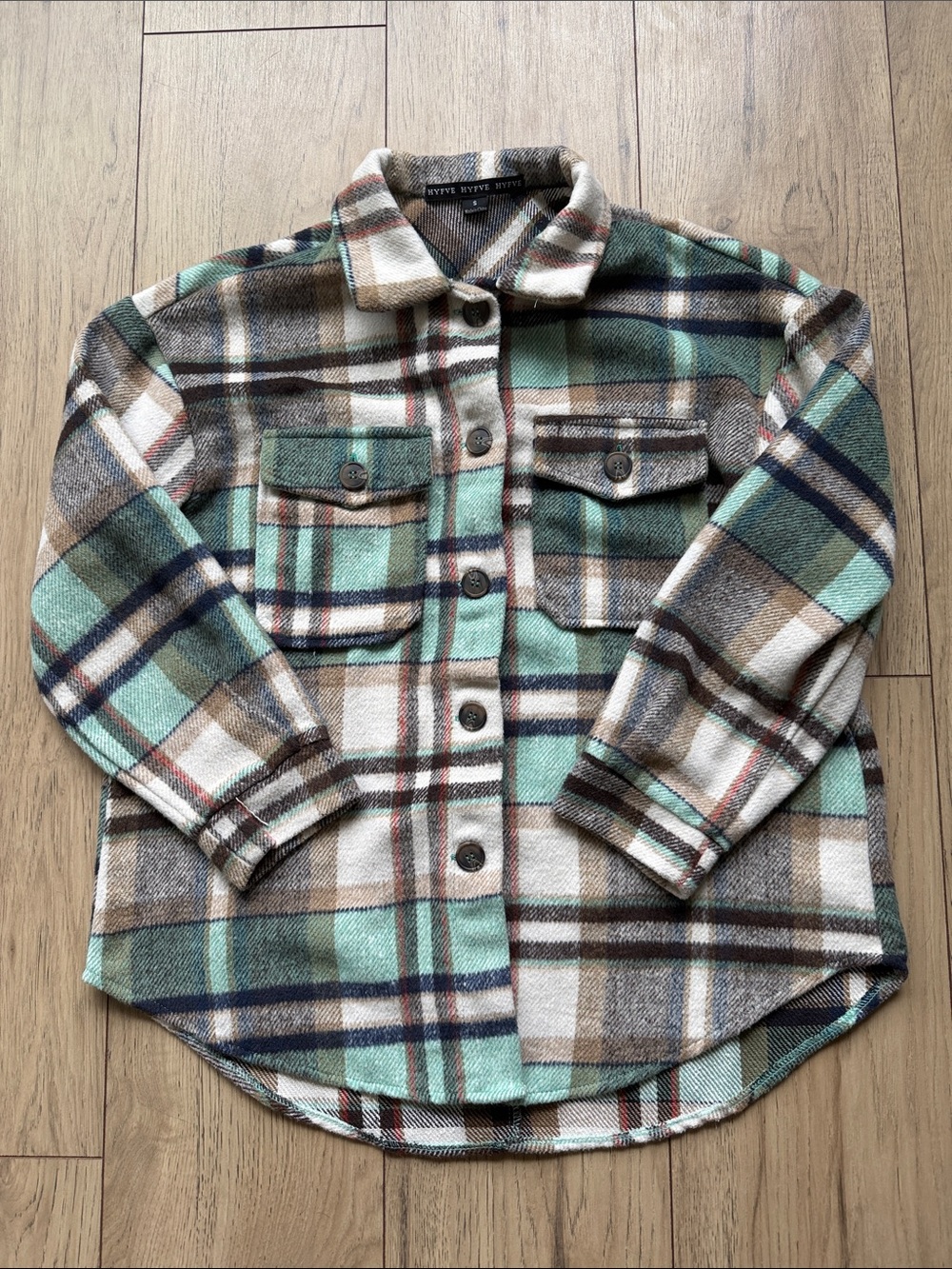 HYFVE Mint Green & Brown Plaid Button-Front Shirt Women’s Small Long Sleeve